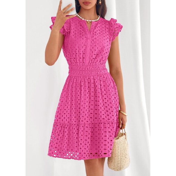 Women's Rose Red V Neck Eyelet Cap Sleeve Summer Beach Vacation Sundresseses - Picture 6 of 8